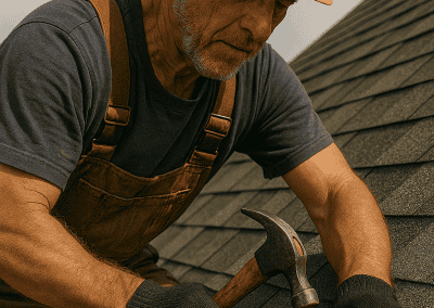 Artisan couvreur expérimenté travaillant sur un toit avec un marteau.