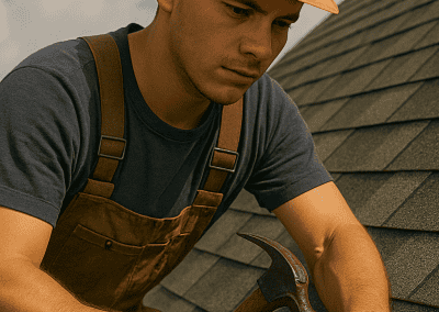 Ouvrier en réparation de toiture avec casque orange et marteau.